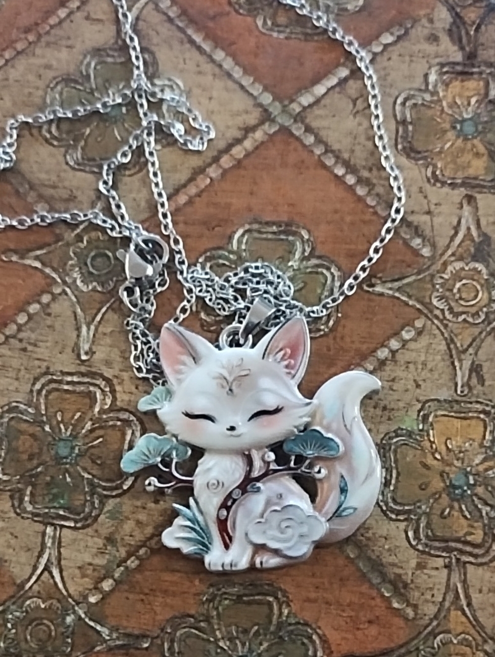 Cute White Fox Pendant Necklace with Green Accents